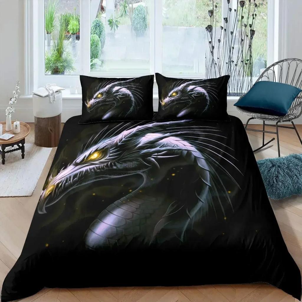 Magical Dinosaur Bedding Set Fire Dragon Duvet Cover Set Jungle Animals Pattern Wildlife Style King Size Polyester Quilt Cover