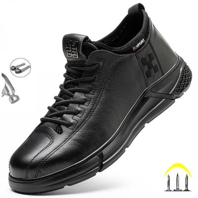 Chaussures de sécurité de travail en cuir véritable noir Embout acier Anti-écrasement Anti-perforation Bottes indestructibles Imperméables Chaussures pour hommes