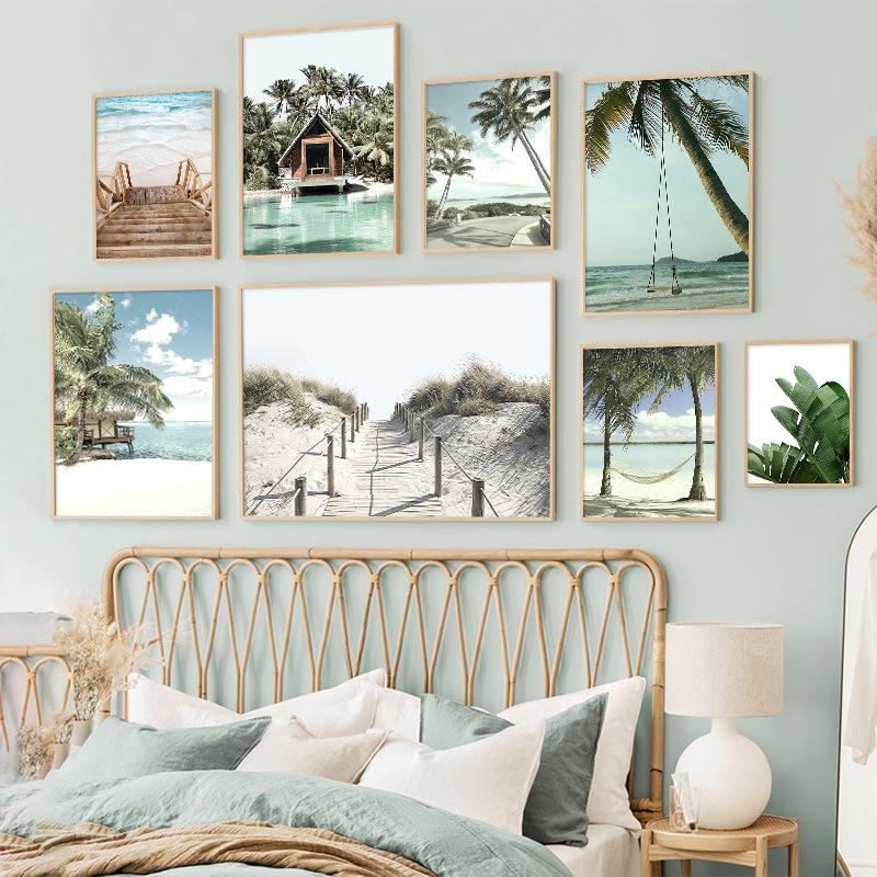Tropical Beach Ocean Poster Palm Tree Banana Leaves Wall Art Canvas Painting Bridge Summer Seascape Picture For Home Decor