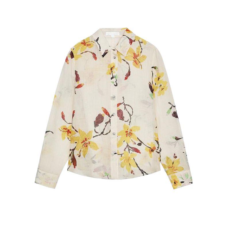 

Summer New Product Women s Clothes French Lapel Long Sleeves Ramie Blended Flower Long Sleeve Shirt Top 8196019 raw white L