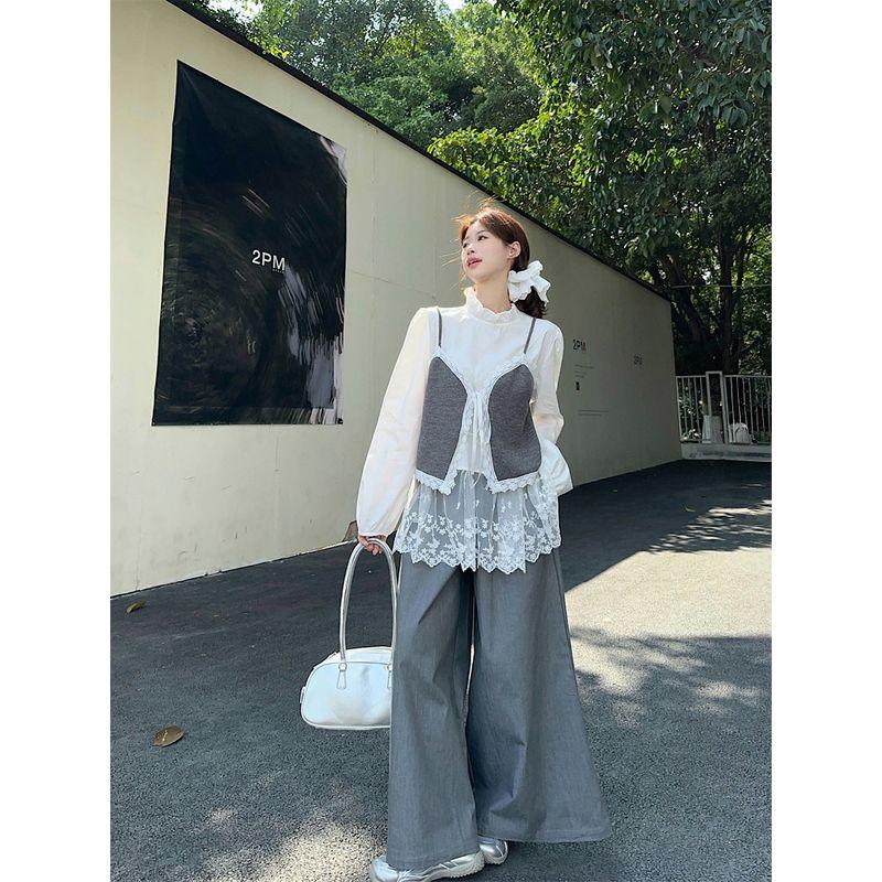 Kumikumi Design Lace Long Sleeve Shirts Stacked Vest Sling Women Autumn Loose Casual Pants Three-Piece Set