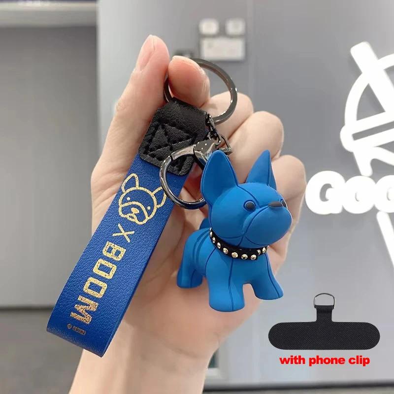 

Universal Cute Cartoon Dog Keychains Phone Wrist Strap Bag Pendant Fashion Punk French Bulldog Keychain Men s Car Key Chain синій