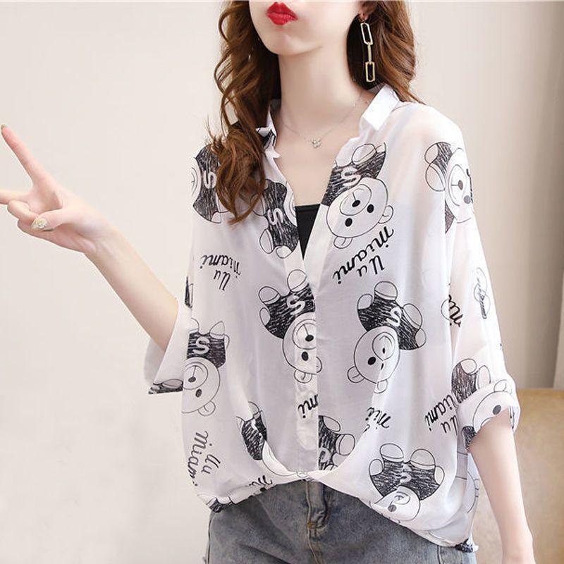 

Шифоновая футболка с защитой от солнца и черный комплект слинга для женского летнего топа с принтом и рукавами «летучая мышь»