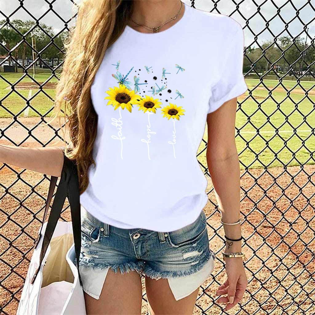 Hope Faith Love Sunflower 3D Printed Women's Short Sleeve Round Neck Summer T-shirt