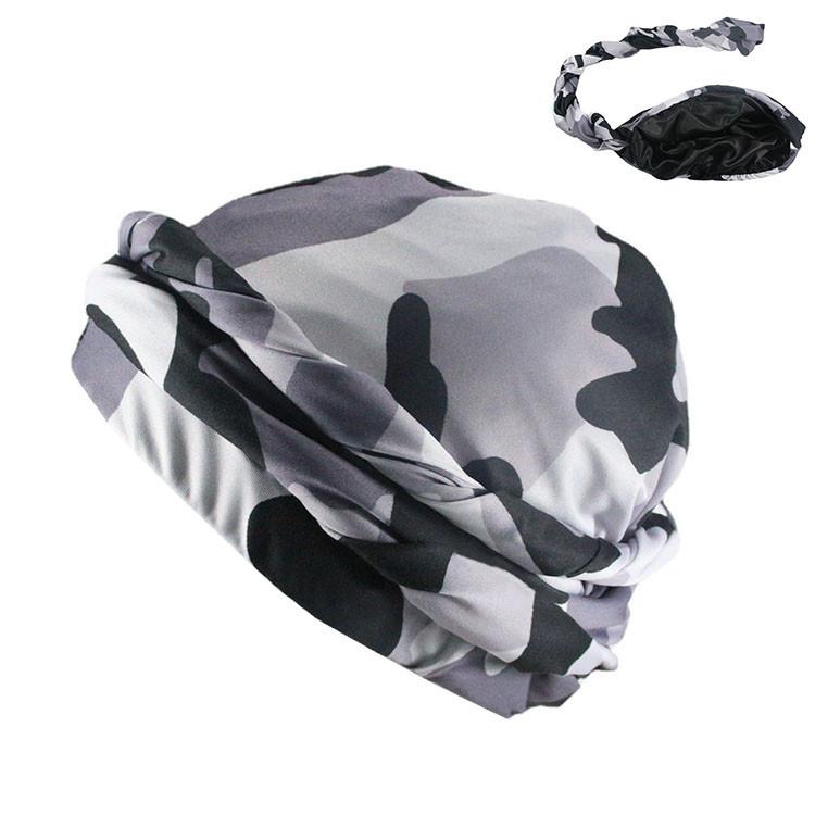 Satin Lined Turban Head Wrap Camouflage Printing Sleeping Bonnet Hair Cover Adjustable Pre-Tied Chemo Hat For Men Women