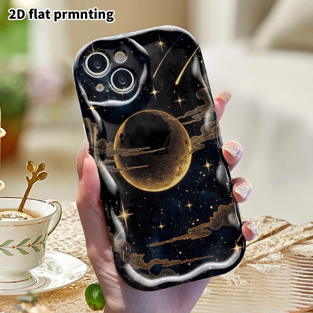 Phone Case: 2D Flat, Fits iPhone 12 Pro To 18, Phone Decoration, Black and Gold Line Art of a Moonlit Night, Perfect for Christmas and Halloween Holid