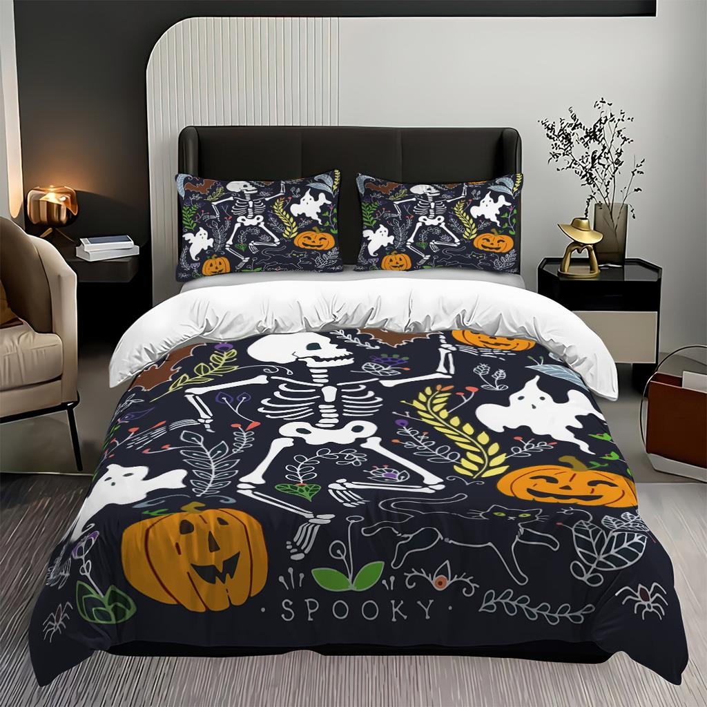 3-Piece Halloween Skeleton Pattern, 1 Quill Cover+2 Pillowcases, Coreless, Soft And Comfortable Quill Cover Set
