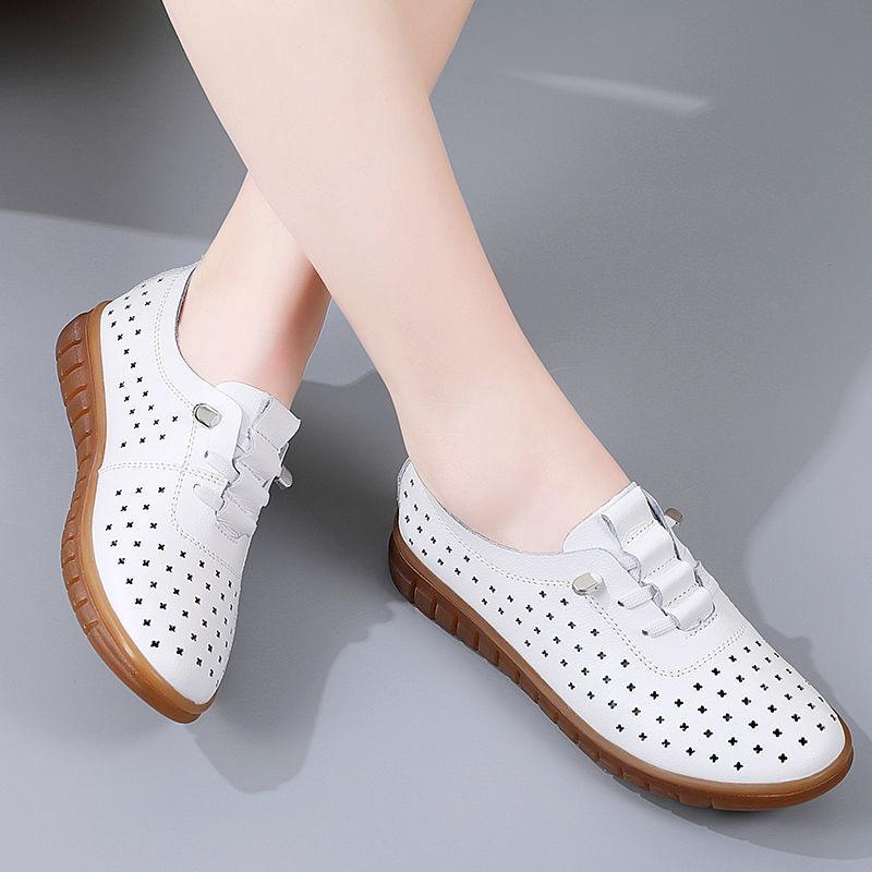 BrandNew SpringSeason and HotSeason DailyWear Flat FootPairs for Women BigSize Hollow Hole Lady FootPairs Genuine Leather White FootPairs for Women