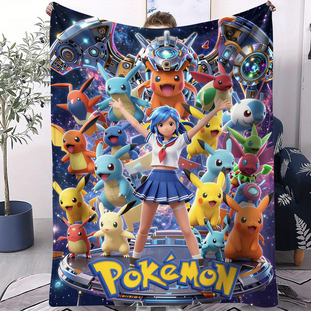 Pokemon Mega Gathering Cute Pikachu Print Fleece Throw Blanket for Adult Quality Cozy Soft Warm Blanket for Travel Office Home
