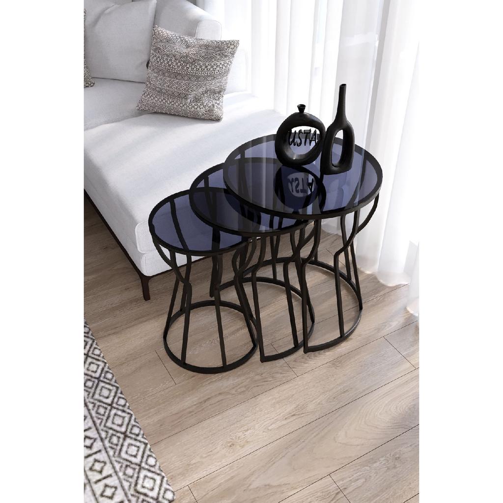 C Hourglass Nesting Table Set Of 3 Black Legs - Black Glass