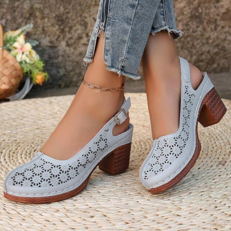 Fashion Plus Size Round Toe Shallow Mouth Cutout One Strap High Heels Summer New Baotou Waterproof Taiwanese Square Heel Sandals