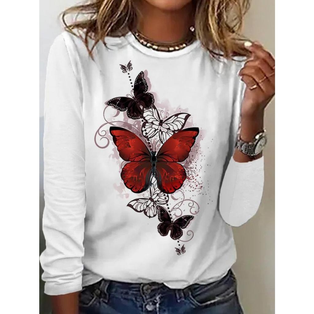 Round Neck 3D Printed Butterfly Pattern Top Fashionable Casual Long Sleeved Women's T-shirts