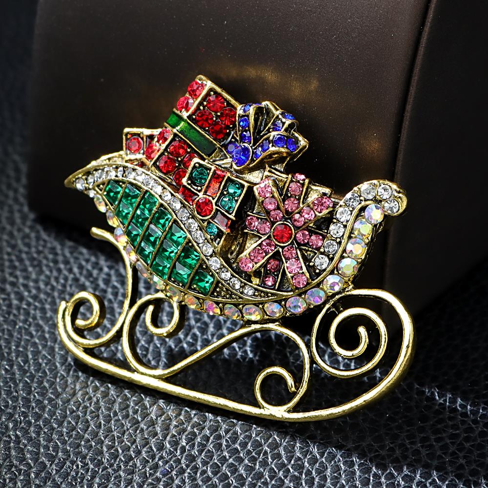 Rhinestone Large Sled And Christmas Gift Brooch Luxury Fashion Party Decoration Pin New Design 2023