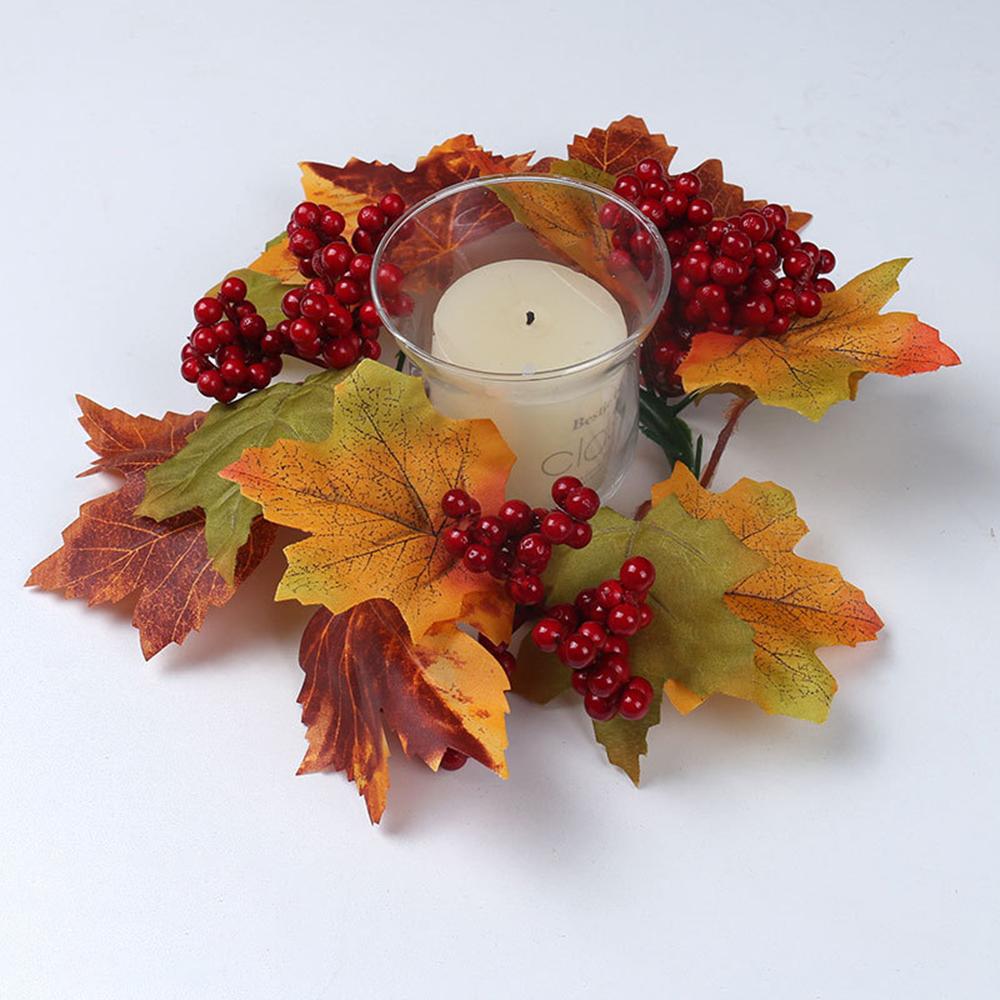 Thanksgiving Candle Rings Artificial Maple Leaves Pumpkin Candle Wreath Fall Candle Holder Table Centerpieces