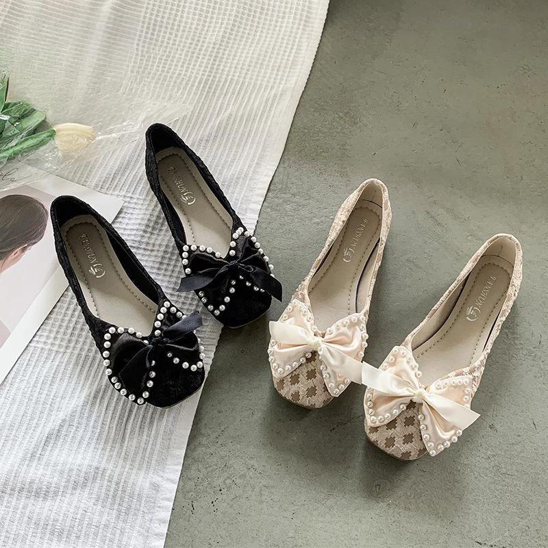 Fashion Ladies Footwear Low Heel Elegant with Bow Pearl Women's Flat Shoes Lastest Genuine Mark Chic Point High Quality Fashion Non Slip