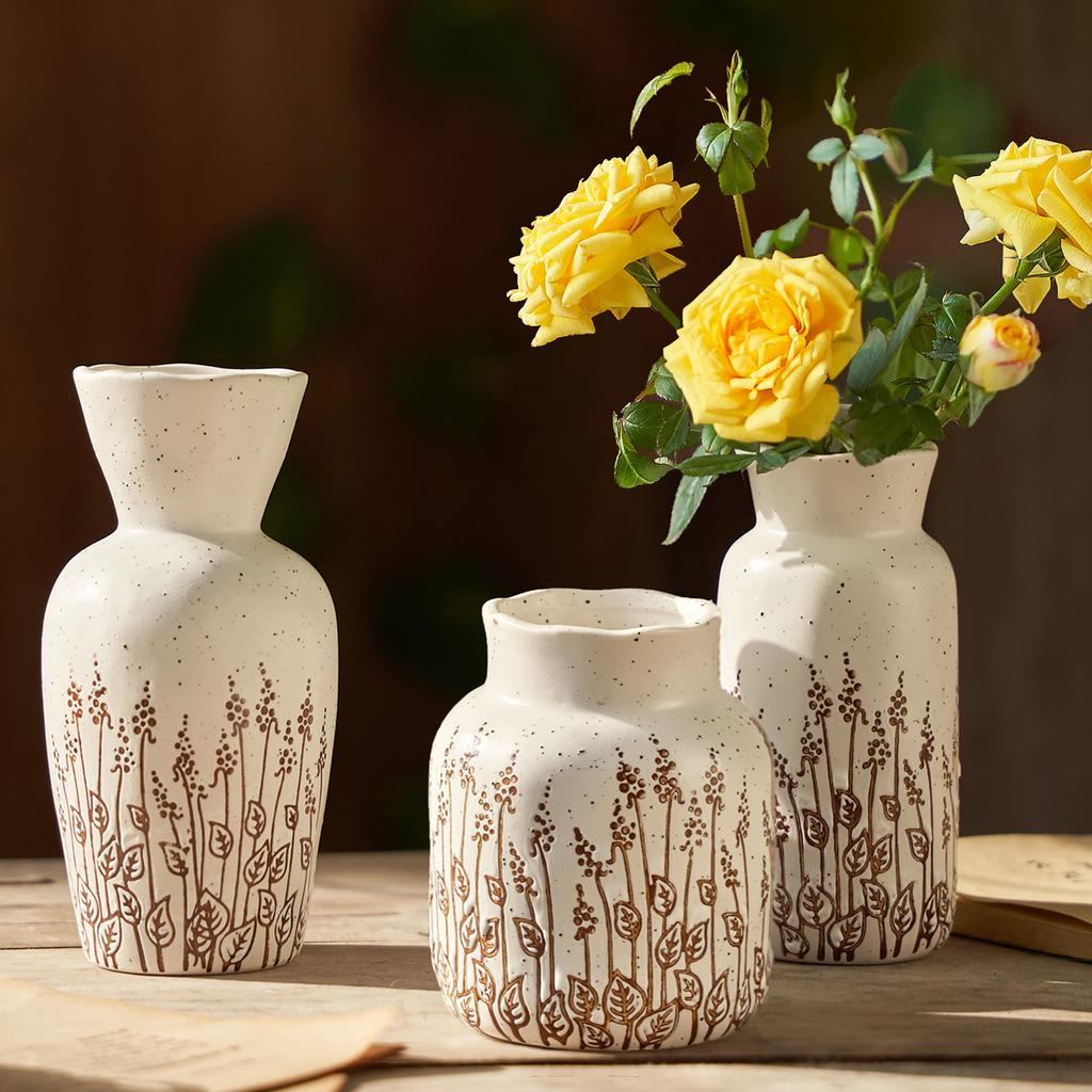 Vintage Embossed Ceramic Vase Floral Relief Hydroponic Pot for Plants Cut Flowers Festive Garden Home Table Decor Holiday Gift