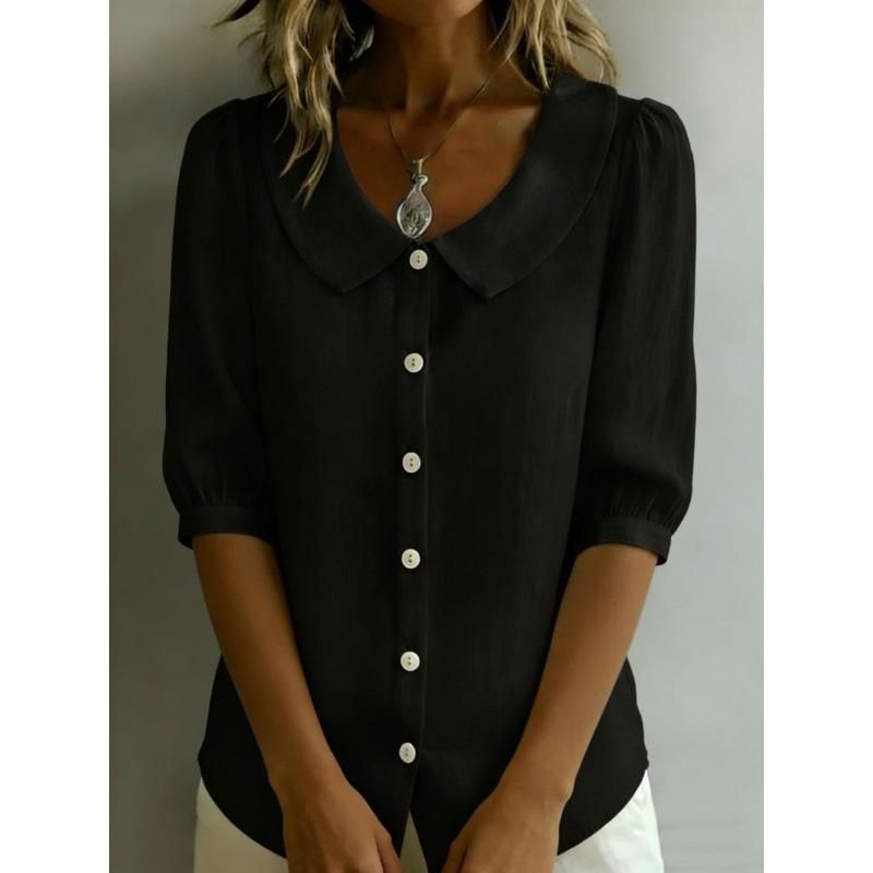 Camicia Casual da Donna a Maniche Lunghe, Colore Unito, Collo a Bambola, Bottoni