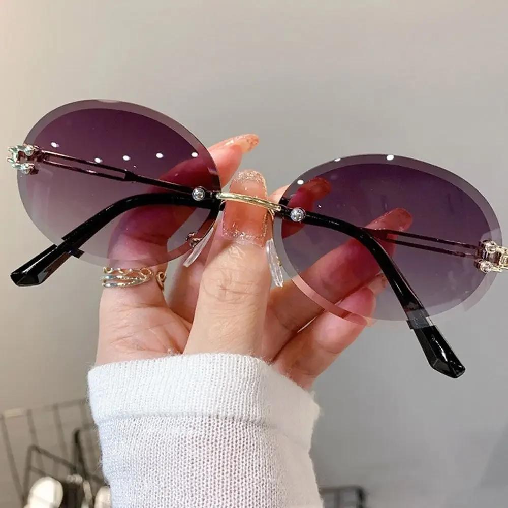 Fashion Vintage Cat Eye Metal Frame Rimless Sunglasses Retro Women Gradient Multicolor Women Outdoor Travel Sun Glasses