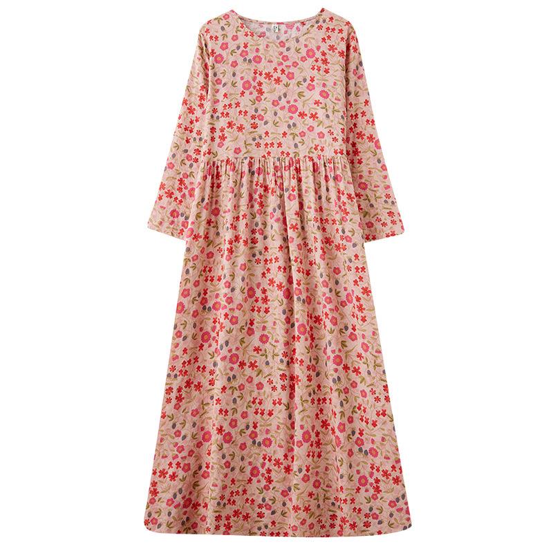 Early Spring Floral Vacation Style Travel Round Neck Retro Long Dress for Women Long Sleeved Vintage Dresses