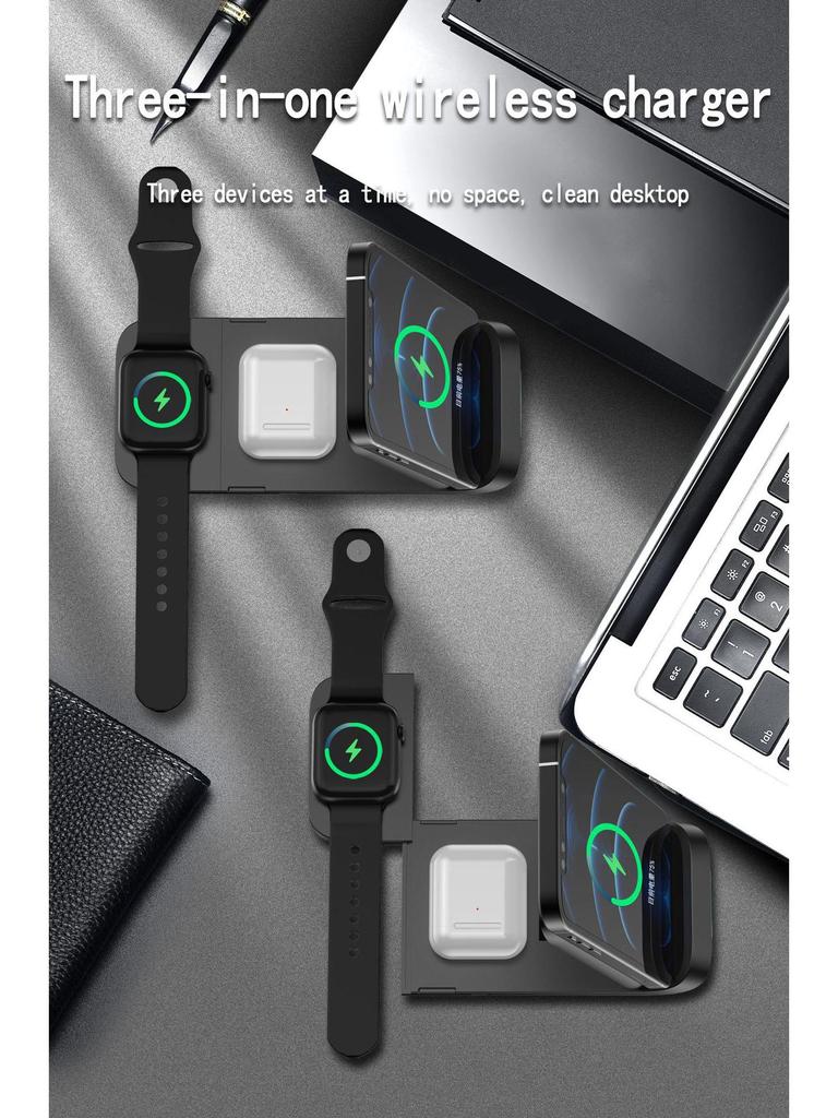 15W Foldable 3-in-1 Wireless Charger for Apple Phones, Watches, and Earbuds