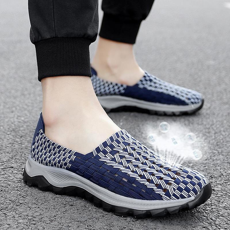 Summer Men Sneakers Braid Beach Shoes Casual Weave Blue Grey Breathable Slip on Flats Tennis Sneakers