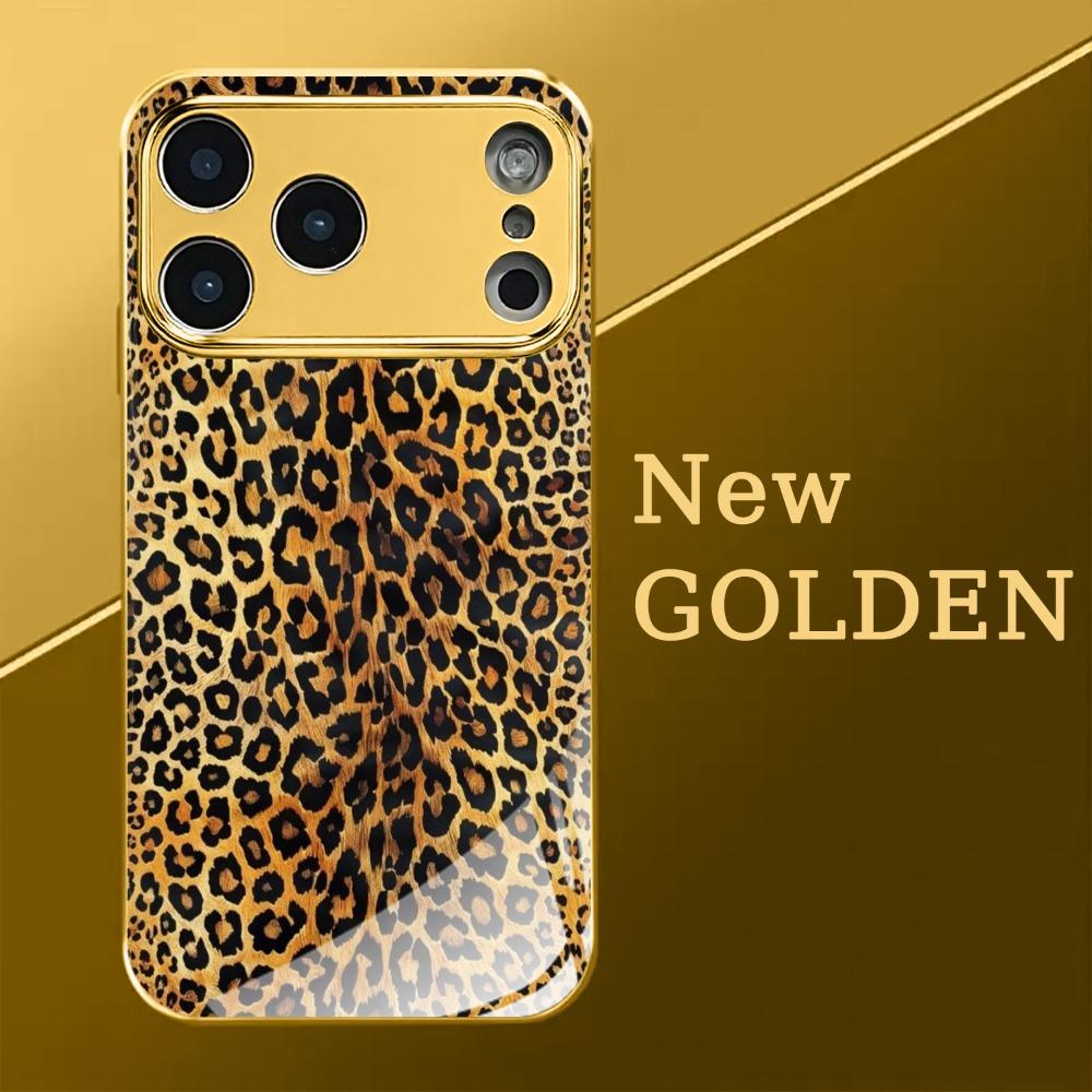 Goldbraunes Leopardenmuster Glas Handyhülle geeignet für iPhone 17 16 15 14 13 12 11 Pro/Max/Plus Fingerabdruckgeschützt