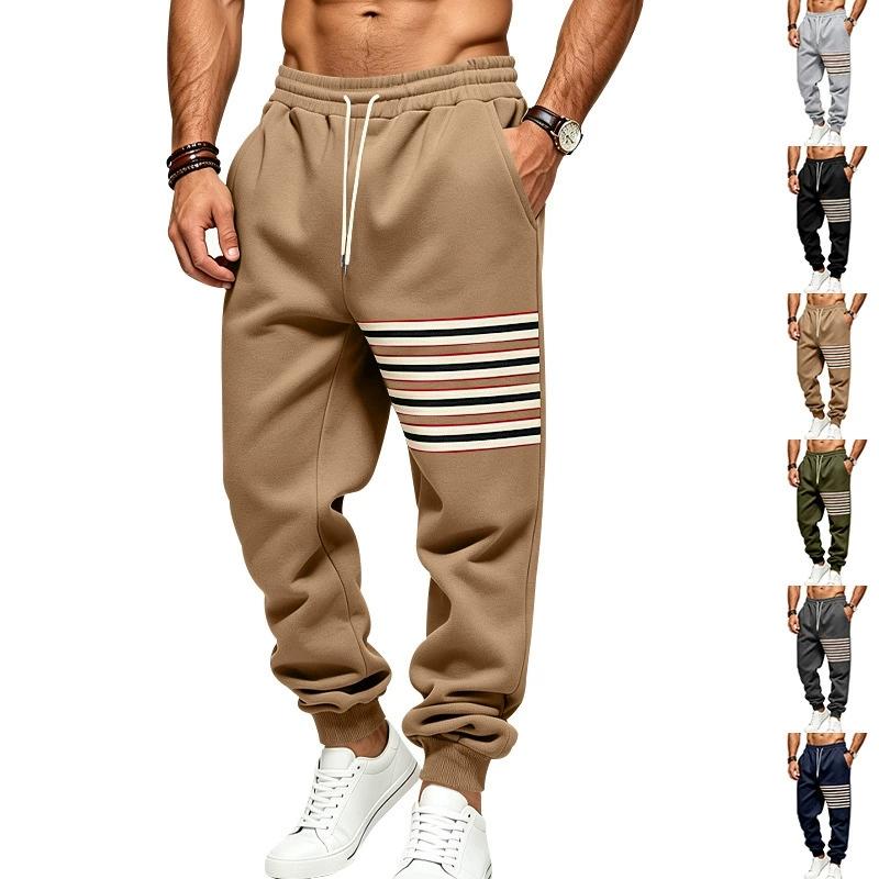 Men Stripe Jogger Sweatpants, Elastic Drawstring Waist Contrast Stripe Ribbed Ankle Cuffs Soft Fleece‑Lined Casual Athletic Trousers