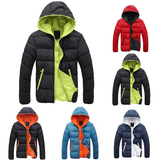 Men Color Block Zipper Hooded Cotton Padded Coat Slim Fit Thicken Outwear Jacket