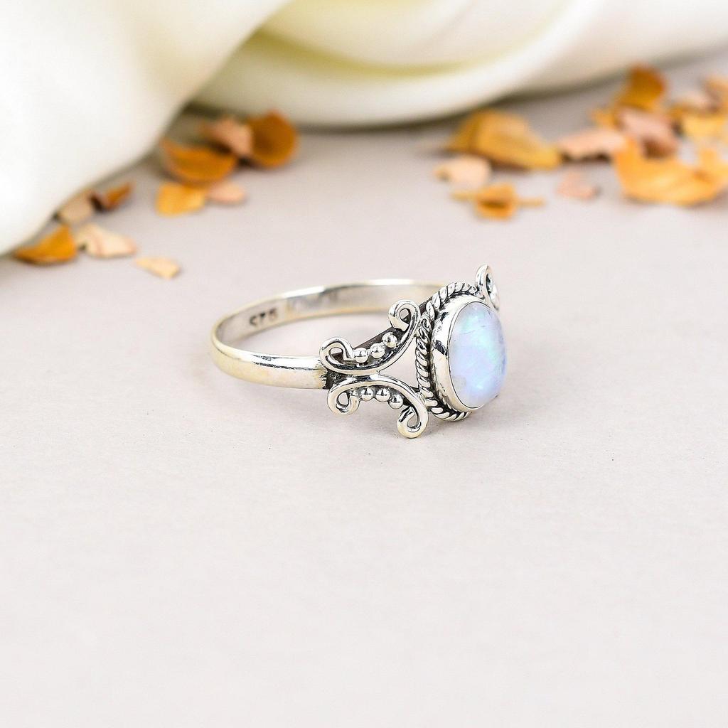 Bague en argent sterling 925 avec pierre de lune arc-en-ciel ovale, style bohème, faite à la main, pour femme