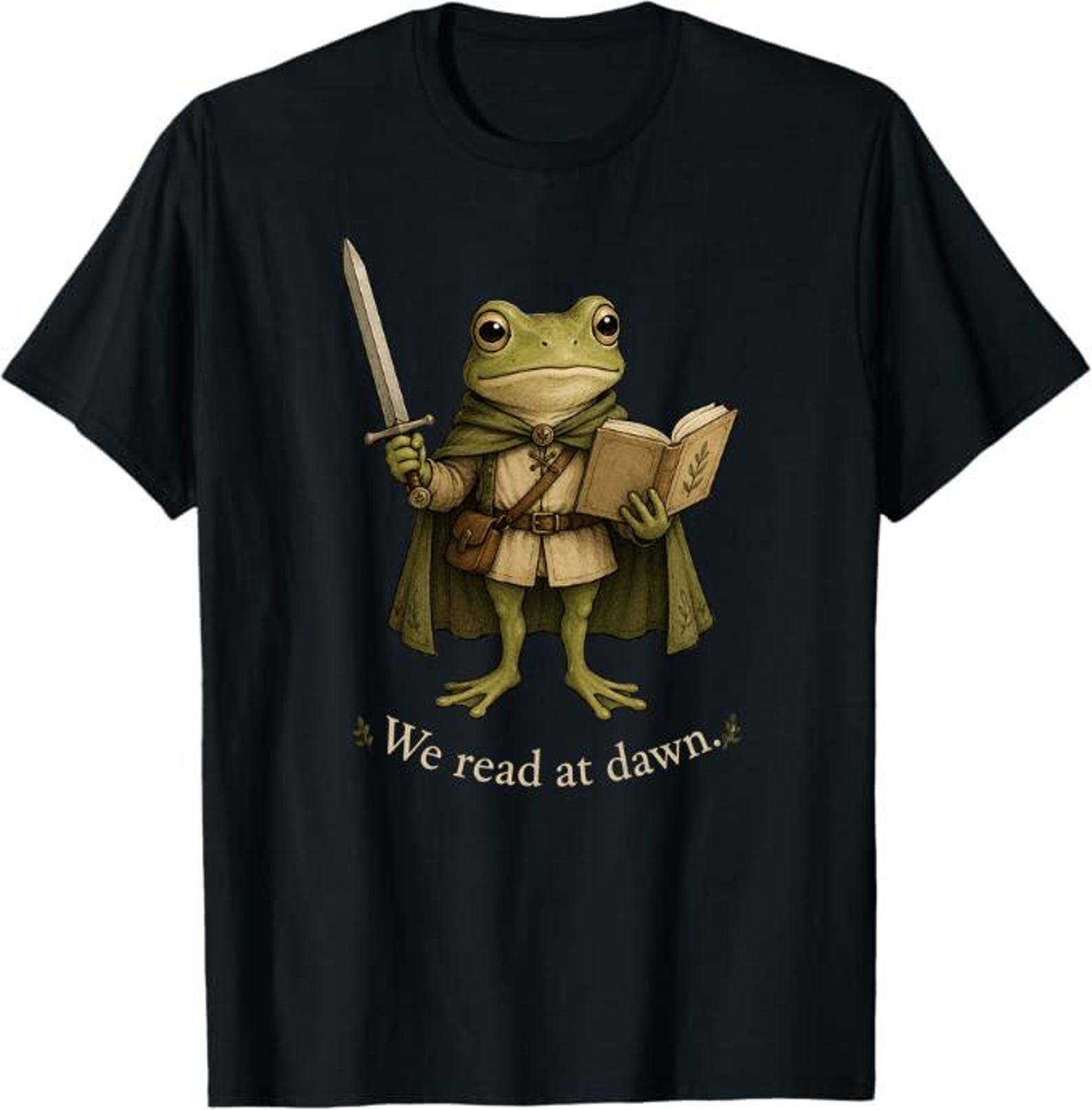 We Read at Dawn Frog Knight T-Shirt, Fantasy Book Lover Gift, Adult Librarian Shirt for Frog Lover Gift, Cute Frog Warrior Reader S