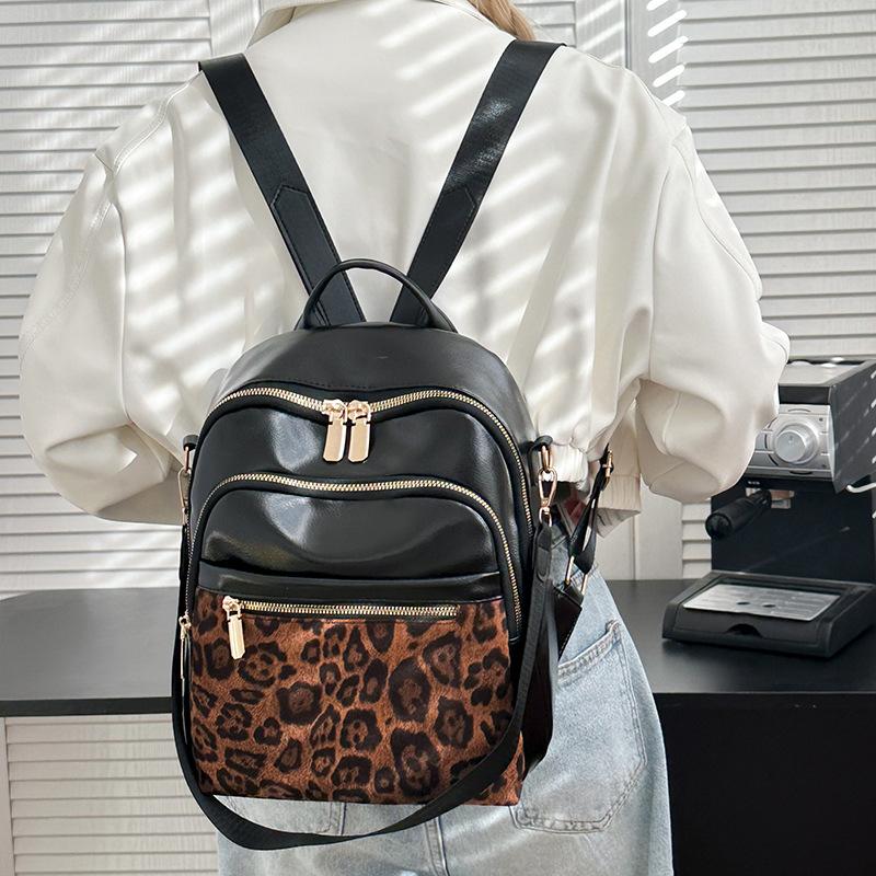 Vintage Rucksack mit Leopardenmuster Weiches Leder Damen Rucksack mit großer Kapazität