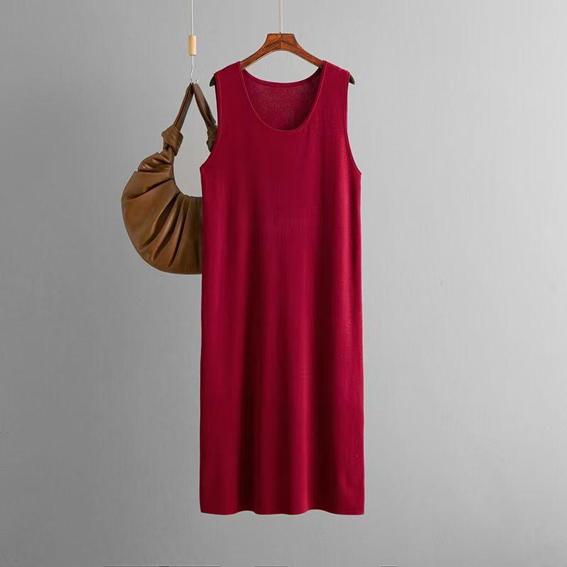

Fashion Style New Arrival Knitting round Neck Sleeveless Dress Base Skirt Solid Color Knitted Dress Jujube Red One size