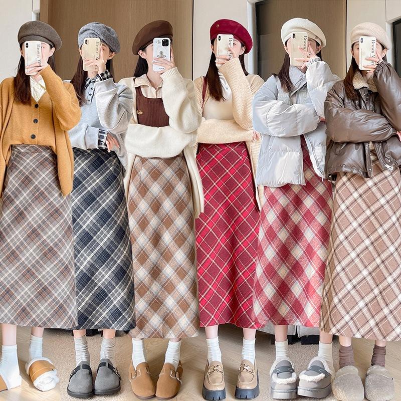 Women's Winter Fleece Lined Plaid Pencil Skirt High Waist Tummy Control Wrap Midi Skirt