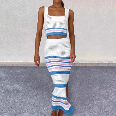 Yousheng Zweiteiliges Rockset für Damen Gestreifter Bodycon Schlitz Midi Rock und Ärmelloses Crop Tanktop Set Sommer Gestricktes Hohlmuster Outfit