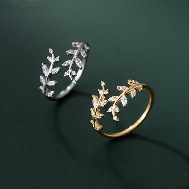 925  Silver small leaves micro-insert opening ring simple fashion sweet temperament leaf ornaments