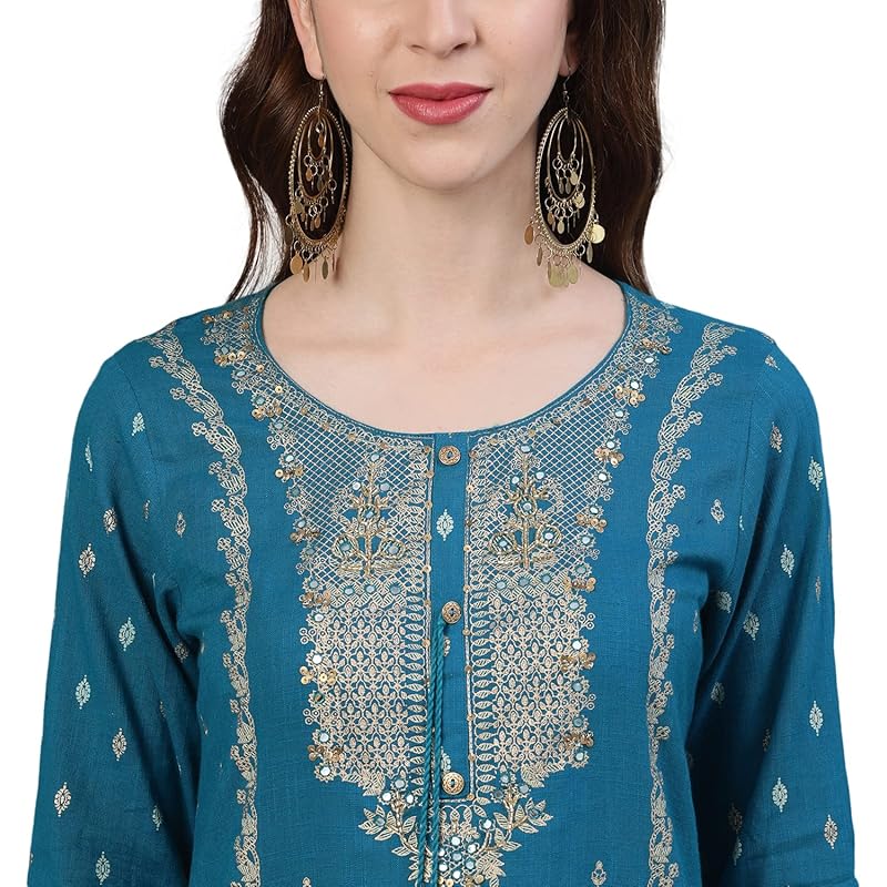 Ishin Women S Cotton Embroidered A-Line Kurta Suit Set With Dupatta & Sharara Xykplpmmp-3017D_S_Teal S чирковый