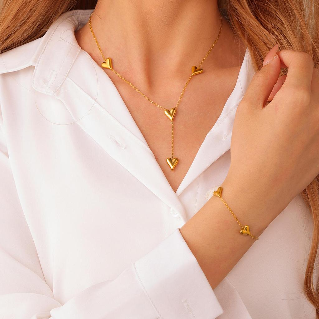 Unique Trendy Double Layer 18k Gold Plated Tarnish Free Stainless Steel Multi Heart Pendant Necklace Women