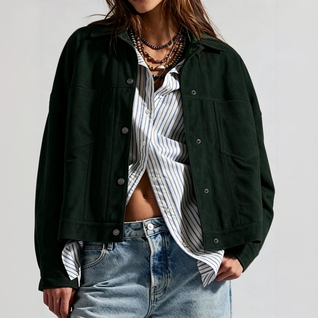 Women's Fashion Zip-Up Loose Fit Color Casual Jacket for Everyday Wear