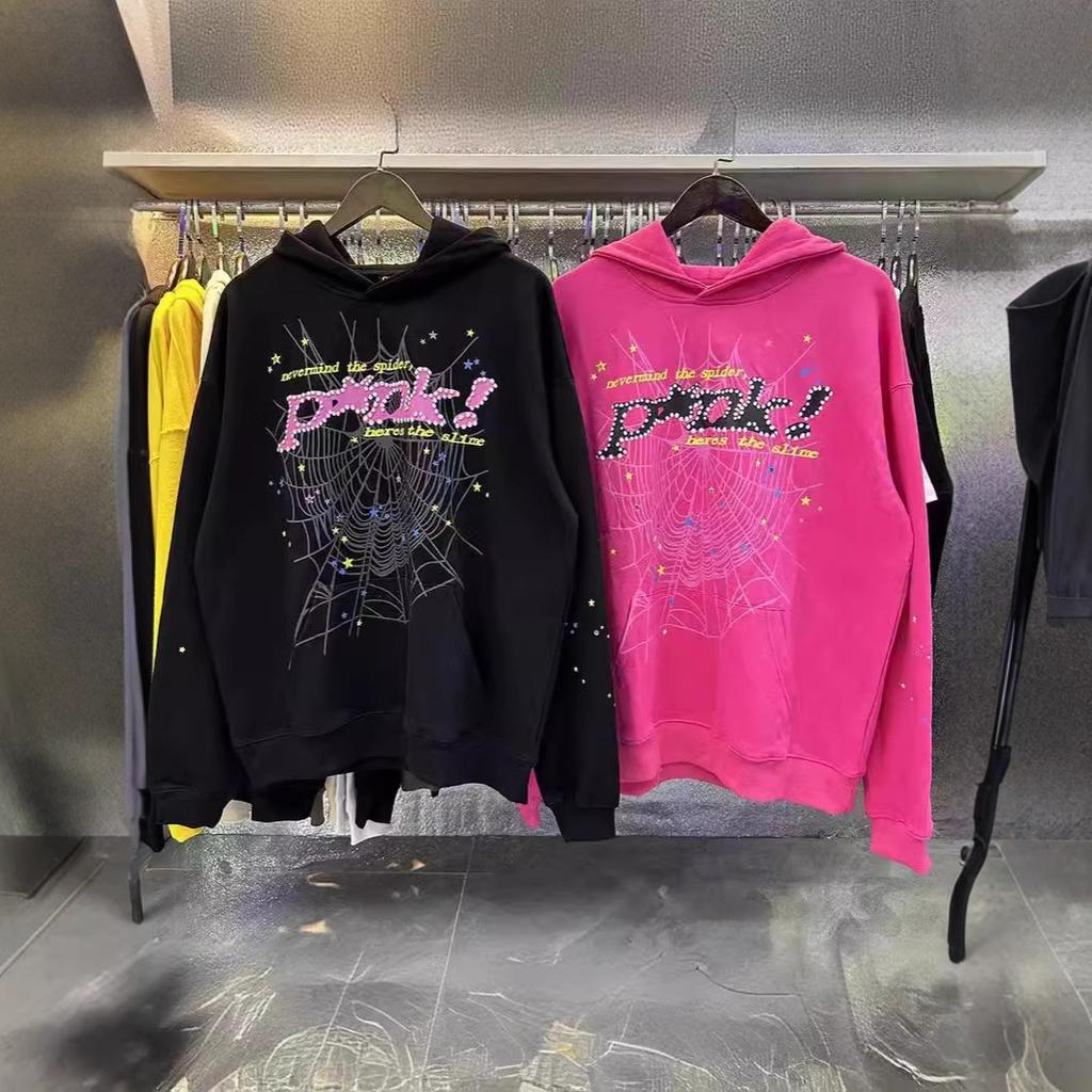 Unisex Loose Fit Two Piece Tracksuit Long Sleeve Hoodie Elastic Waist Sweatpants Spider Rhinestone Print Streetwear Matching Outfit Set