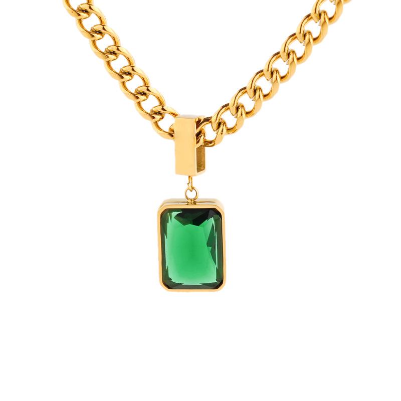 Vintage White Green Cubic Zirconia Choker Necklace Fashion 18k Gold Plated Stainless Steel Geometric Square Pendant Necklace 40+5cm
