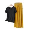 Color Block Cotton Crew Neck Two-Piece Set: Short Sleeve Top & Wide Leg Drawstring Pants