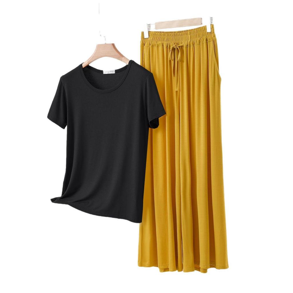 Color Block Cotton Crew Neck Two-Piece Set: Short Sleeve Top & Wide Leg Drawstring Pants