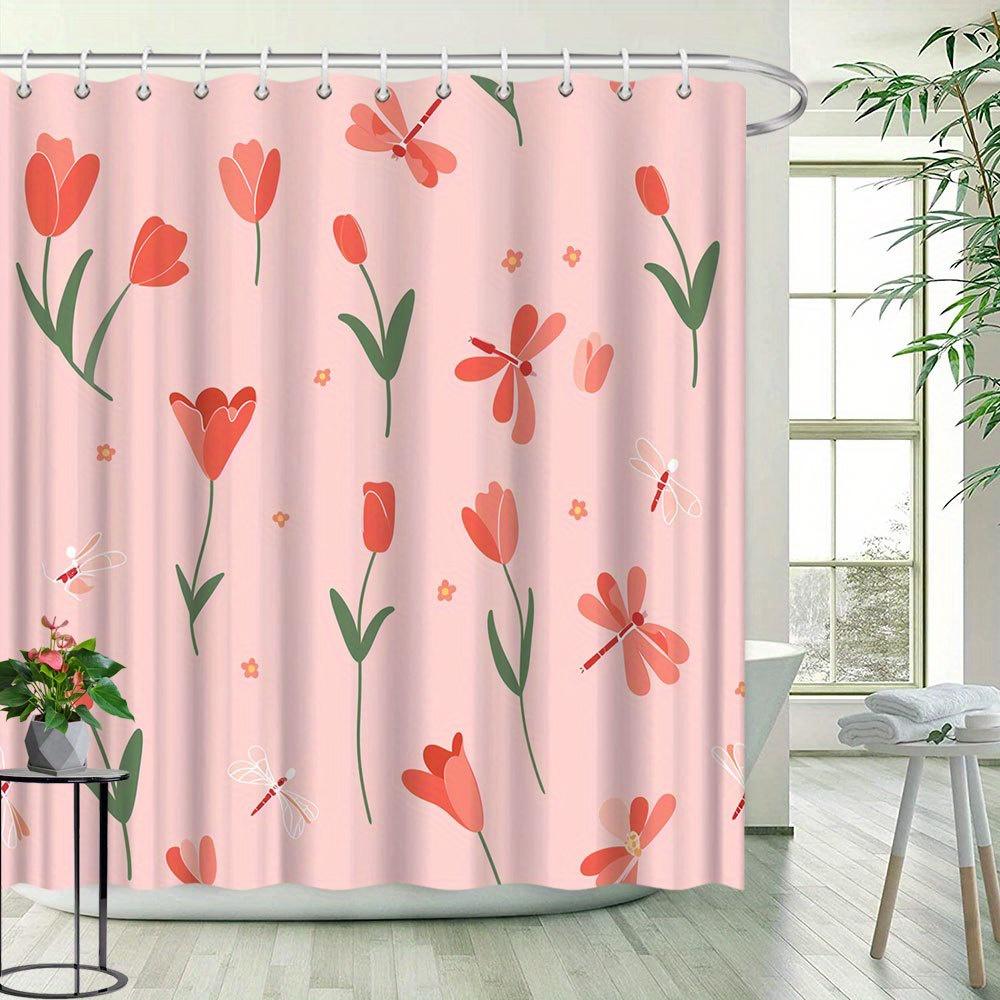 Tulip and Dragonfly Shower Curtain - Vibrant Floral & Insect Design, Polyester Bathroom Decor, 12 Hooks