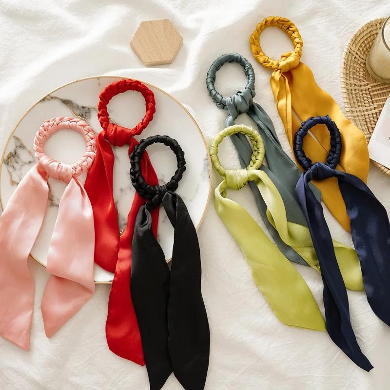 1pc DIY Solid Weave Bow Satin Long Ribbon Ponytail Scarf Hair Tie Scrunchies Women Girls Elastic Hair Bands Hair Accessories