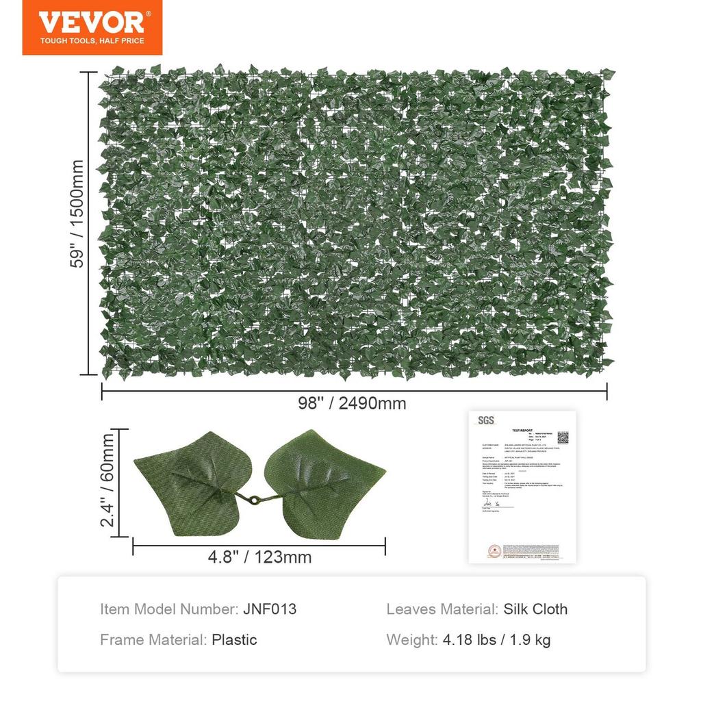 Ivy Privacy Fence, 1500 x 2490 mm Artificial Green Wall Screen, Greenery Ivy Fence with Strengthened Joint, Faux Hedges Vine Leaf Decoration for