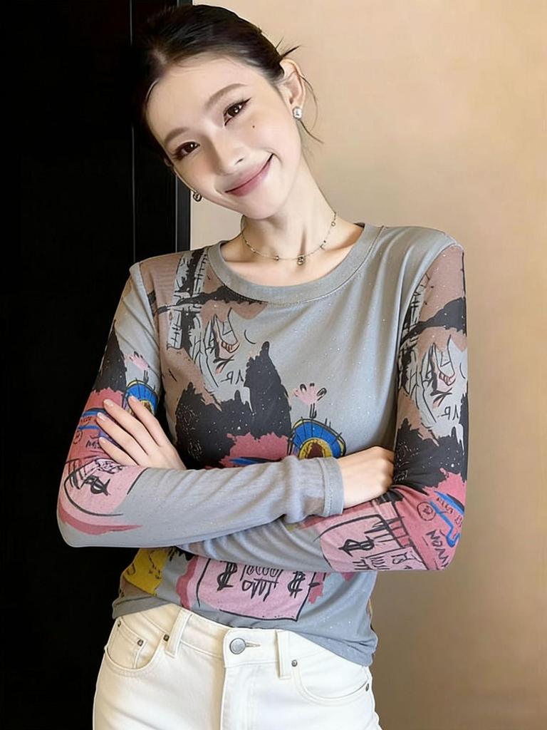 Korean Chic Round Neck Print Design See-through Long Sleeve Mesh Top for Spring & Autumn