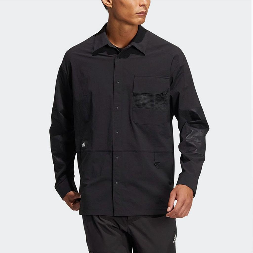 Adidas Solid Color Polo Casual Long Sleeve Shirt Men Shirts Black HE5262