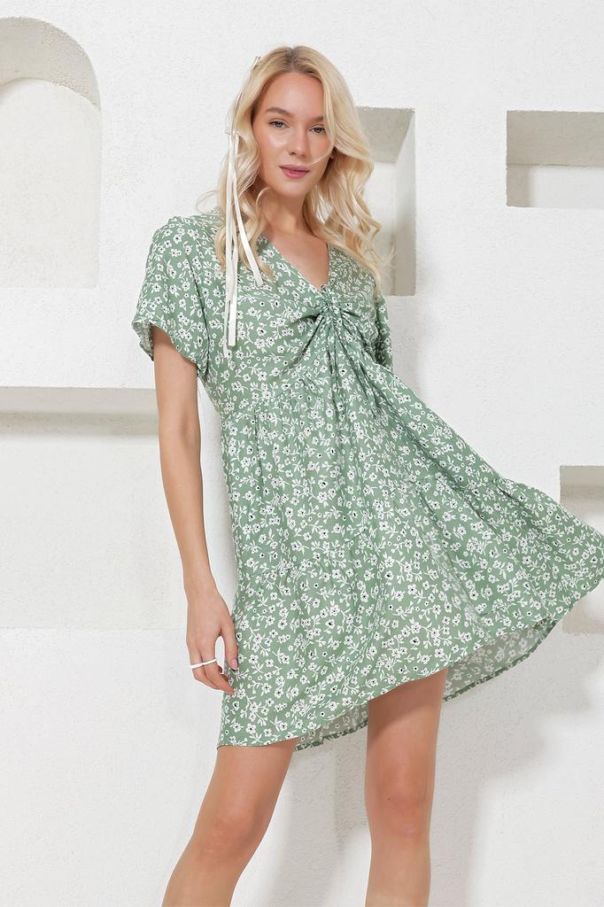 Women's Dress New Season Fashion Blue V-Neck Floral Patterned Skirt Flounce Woven Dress