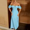 European and American summer French dress, women's bubble sleeve solid color high split skirt