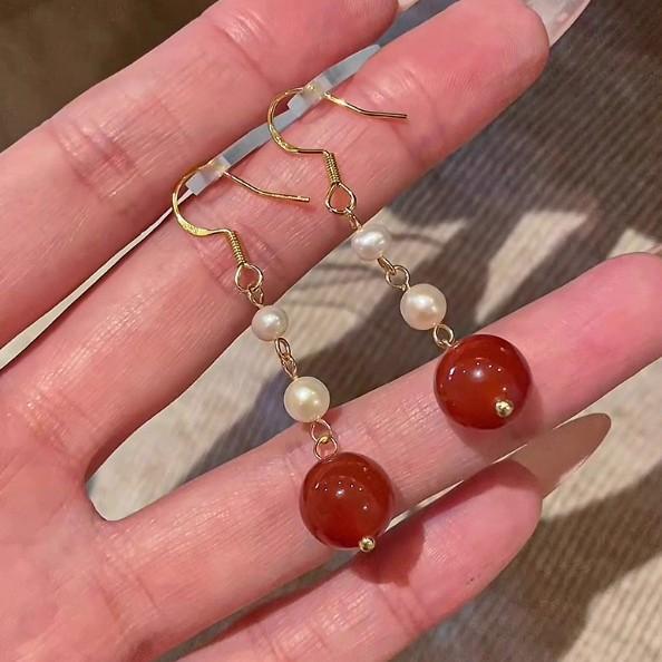 Natural pearl earrings New Chinese agate long earrings Light luxury red stud earrings